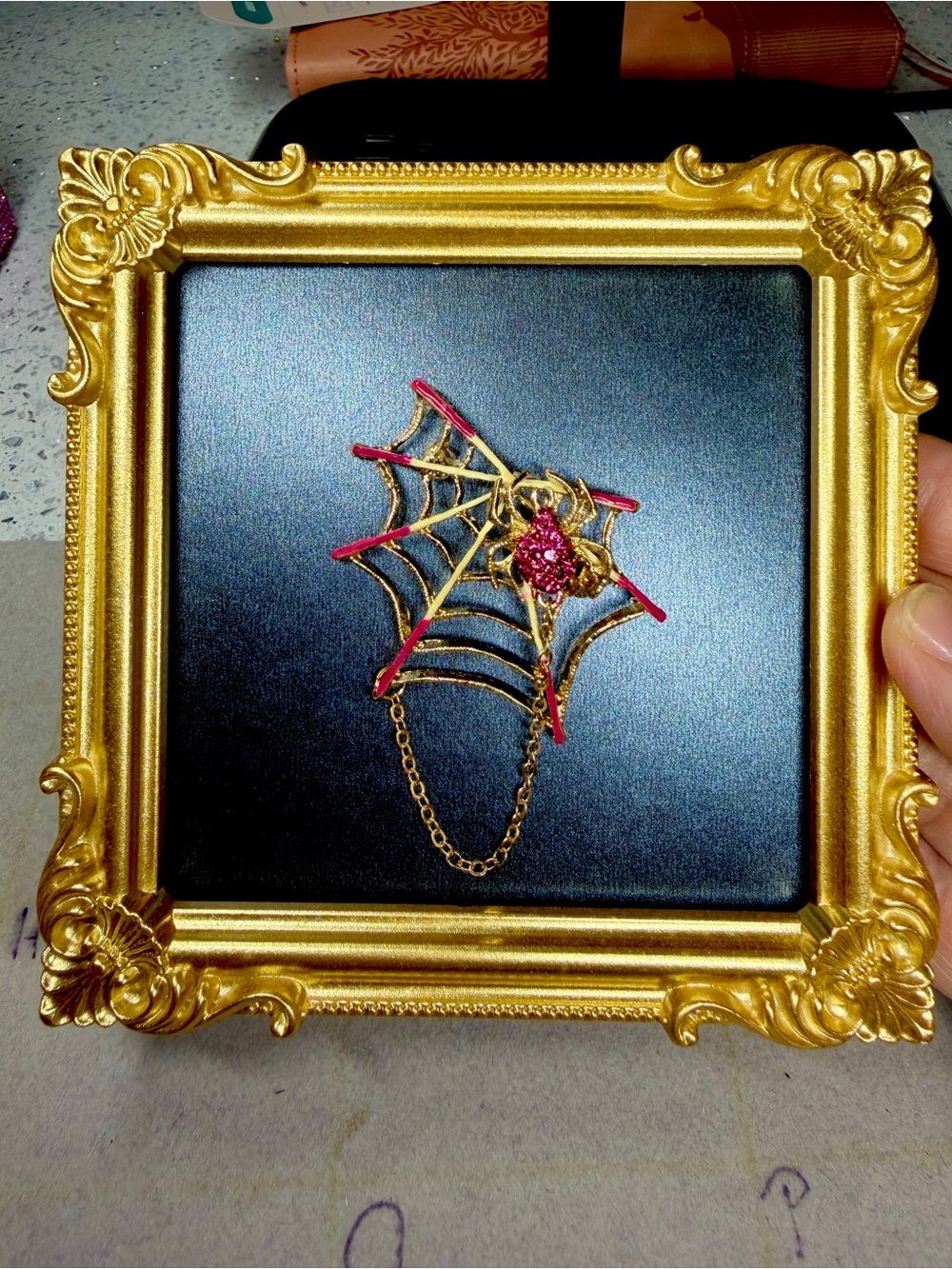 Pink Crystal Spider Web Framed Halloween Shelf Art Gothic Decor - Picture 6 of 7